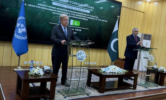 UN Secretary-General and Pakistan's Deputy PM hold a joint press conference at the Ministry of Foreign Affairs in Pakistan's capital city Islamabad on Tuesday at the start of UN Chief's two-day visit to Pakistan.